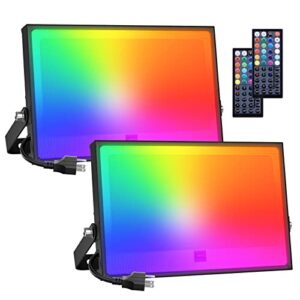 onforu 2 pack rgb led flood light 800w equivalent, 100w color changing floodlight with 44 keys remote, ip66 waterproof spot lights outdoor, christmas uplights 20 colors 6 modes for stage, party