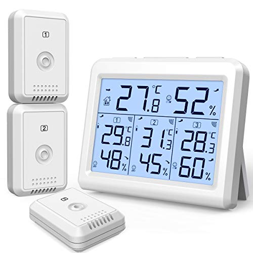 AMIR Indoor Outdoor Thermometer, 3 Channels Digital Hygrometer Thermometer with 3 Sensor, Temperature Humidity Monitor with LCD Display, Wireless Humidity Gauge for Home, Baby Room