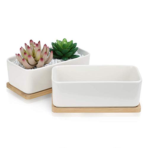 OAMCEG 2 Pack Succulent Plant Pots 6 Inch Rectangular Ceramic Planters, Set of 2 White Cactus Container, Bonsai Pots, Flower Pots with Drainage Hole & Bamboo Tray (Plants NOT Included)