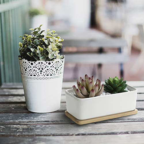 OAMCEG 2 Pack Succulent Plant Pots 6 Inch Rectangular Ceramic Planters, Set of 2 White Cactus Container, Bonsai Pots, Flower Pots with Drainage Hole & Bamboo Tray (Plants NOT Included)