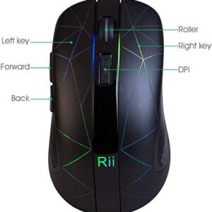 Rii RM200 2.4G Wireless Mouse with USB Nano Receiver, 5 Buttons Rechargeable RGB,3 Adjustable DPI Levels,Colorful Gaming Mouse for Notebook,PC,Computer-Black