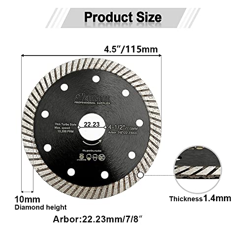 SHDIATOOL Super Thin Diamond Turbo Blade 5PCS 4 1/2 Inch Cutting Porcelain Ceramic Tile Granite Dia 115mm