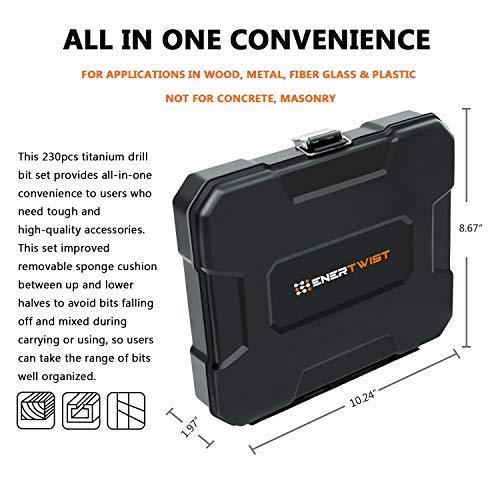 ENERTWIST Titanium Drill Bit Kit Set for Metal and Wood 230-Piece - Coated HSS Conventional 118 Deg Tip from 3/64inch up to 1/2 Inch, ET-DBA-230A