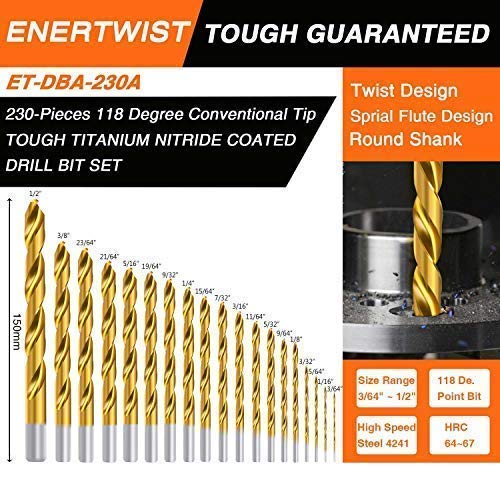 ENERTWIST Titanium Drill Bit Kit Set for Metal and Wood 230-Piece - Coated HSS Conventional 118 Deg Tip from 3/64inch up to 1/2 Inch, ET-DBA-230A