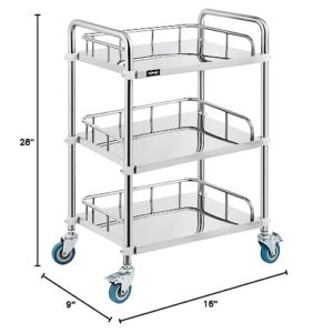 VEVOR Shelf Stainless Steel Utility Cart Catering Cart with Wheels Medical Dental Lab Cart Rolling Cart Commercial Wheel Dolly Restaurant Dinging Utility Services (3 Shelves)