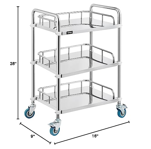 VEVOR Shelf Stainless Steel Utility Cart Catering Cart with Wheels Medical Dental Lab Cart Rolling Cart Commercial Wheel Dolly Restaurant Dinging Utility Services (3 Shelves)