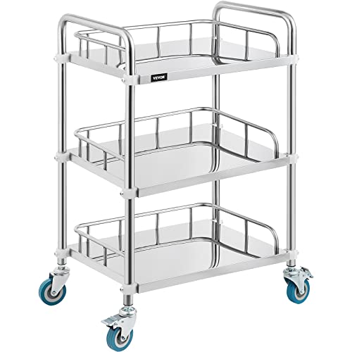 VEVOR Shelf Stainless Steel Utility Cart Catering Cart with Wheels Medical Dental Lab Cart Rolling Cart Commercial Wheel Dolly Restaurant Dinging Utility Services (3 Shelves)