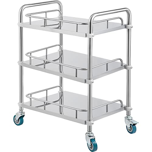 VEVOR Shelf Stainless Steel Utility Cart Catering Cart with Wheels Medical Dental Lab Cart Rolling Cart Commercial Wheel Dolly Restaurant Dinging Utility Services (3 Shelves)