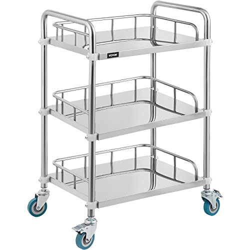 VEVOR Shelf Stainless Steel Utility Cart Catering Cart with Wheels Medical Dental Lab Cart Rolling Cart Commercial Wheel Dolly Restaurant Dinging Utility Services (3 Shelves)