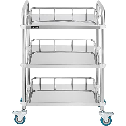 VEVOR Shelf Stainless Steel Utility Cart Catering Cart with Wheels Medical Dental Lab Cart Rolling Cart Commercial Wheel Dolly Restaurant Dinging Utility Services (3 Shelves)