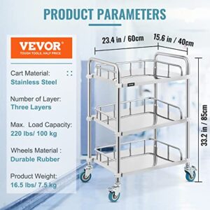 VEVOR Shelf Stainless Steel Utility Cart Catering Cart with Wheels Medical Dental Lab Cart Rolling Cart Commercial Wheel Dolly Restaurant Dinging Utility Services (3 Shelves)