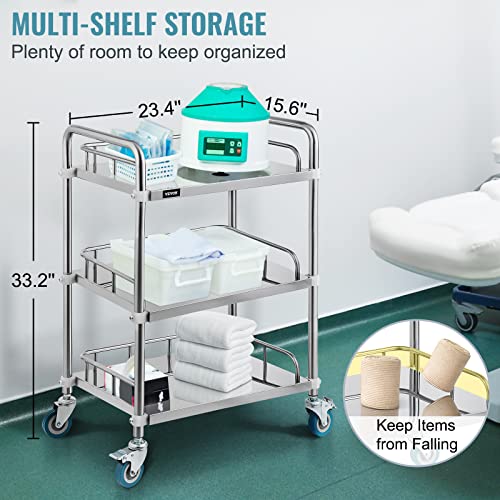 VEVOR Shelf Stainless Steel Utility Cart Catering Cart with Wheels Medical Dental Lab Cart Rolling Cart Commercial Wheel Dolly Restaurant Dinging Utility Services (3 Shelves)