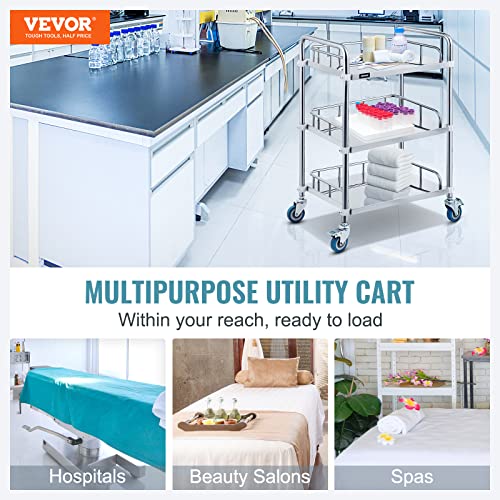 VEVOR Shelf Stainless Steel Utility Cart Catering Cart with Wheels Medical Dental Lab Cart Rolling Cart Commercial Wheel Dolly Restaurant Dinging Utility Services (3 Shelves)