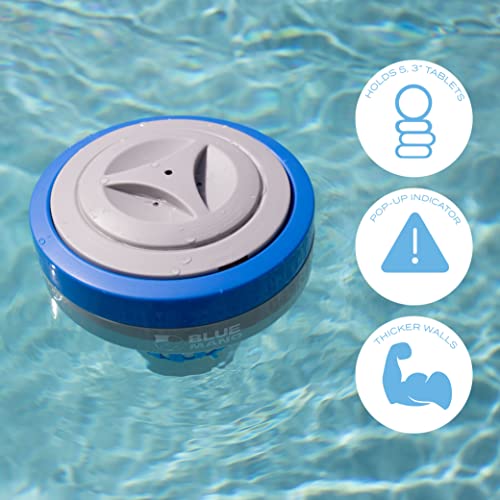 Blue Mano Chlorine Floater (V2.0 Upgraded) for 3 inch Chlorine Tablets with Refill Warning, Durable Design, 7 inch Large Floating Chlorine Dispenser for Inground and Above Ground Swimming Pool