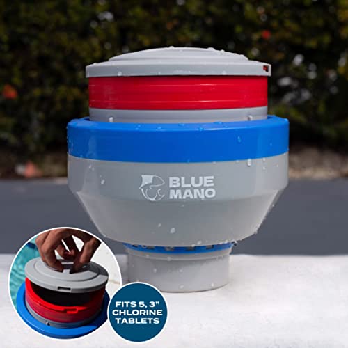 Blue Mano Chlorine Floater (V2.0 Upgraded) for 3 inch Chlorine Tablets with Refill Warning, Durable Design, 7 inch Large Floating Chlorine Dispenser for Inground and Above Ground Swimming Pool