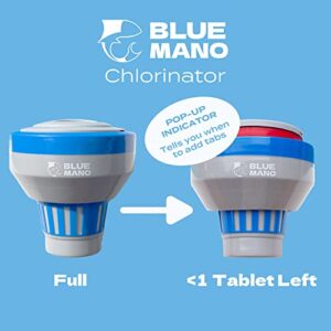 Blue Mano Chlorine Floater (V2.0 Upgraded) for 3 inch Chlorine Tablets with Refill Warning, Durable Design, 7 inch Large Floating Chlorine Dispenser for Inground and Above Ground Swimming Pool