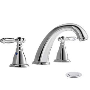 phiestina chrome 8 inch 3 hole widespread bathroom faucet with metal pop up drain, lesd free bathroom sink lavatory faucet, wf008-4-c