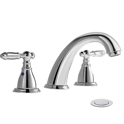 Phiestina Chrome 8 Inch 3 Hole Widespread Bathroom Faucet with Metal Pop Up Drain, Lesd Free Bathroom Sink Lavatory Faucet, WF008-4-C