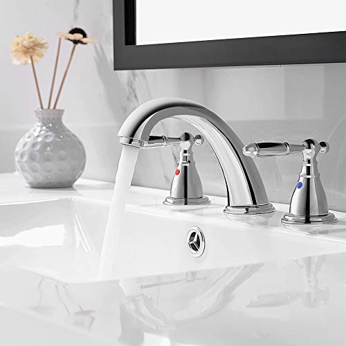 Phiestina Chrome 8 Inch 3 Hole Widespread Bathroom Faucet with Metal Pop Up Drain, Lesd Free Bathroom Sink Lavatory Faucet, WF008-4-C