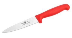 5 inch serrated edge, high carbon german stainless steel razor sharp blade, super grip, red handle, kitchen utility knife.