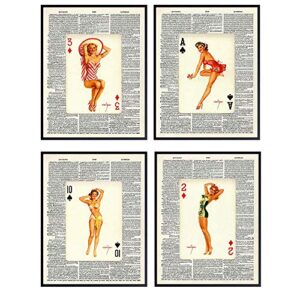 dictionary wall art prints - 1950s vintage pinup girls playing cards photo set - chic home decor for bar, man cave, poker or game room decoration – cool unique gift for men, man, husband him