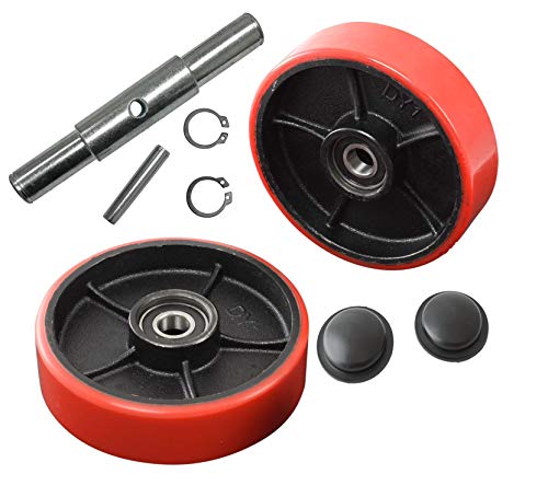 Pallet Jack/Truck Steering Wheels Set with Axle and Protective Caps (4 pcs) 7" x 2" with Bearings ID 20mm Poly Tread Red