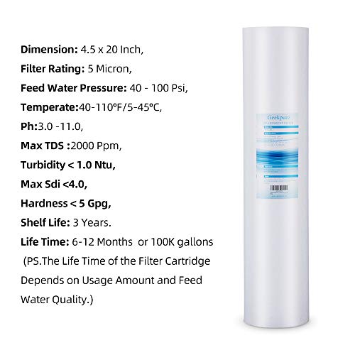 Geekpure 20-Inch Whole House Polypropylene PP Sediment Filter-4.5" x 20"-5 Micron