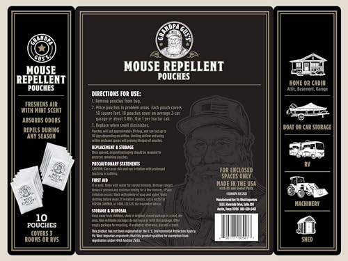 Grandpa Gus's Extra-Strength Mouse Repellent, Cinnamon/Peppermint Oils Repel Mice from Nesting & Freshen Air in Car/RV/Boat/Garage/Shed/Cabin, 1.75 Oz (10 Pouches)