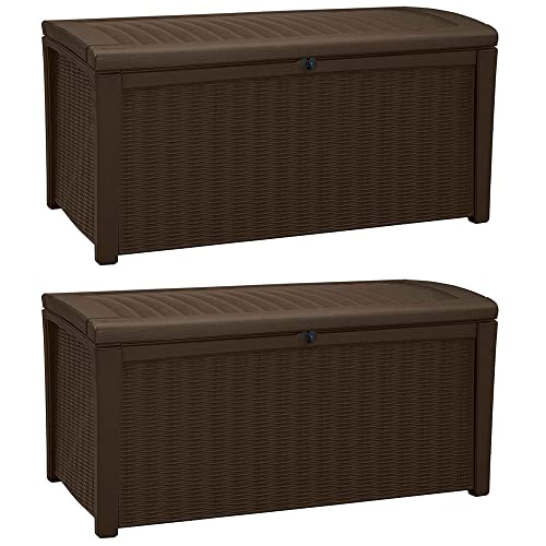 Keter Borneo 110 Gallon All Weather Weatherproof Rattan Wicker Resin Outdoor Backyard Patio Porch Deck Organization Storage Box Bench, Brown (2 Pack)