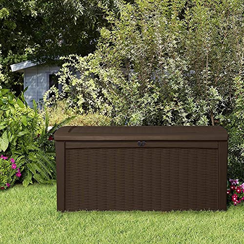 Keter Borneo 110 Gallon All Weather Weatherproof Rattan Wicker Resin Outdoor Backyard Patio Porch Deck Organization Storage Box Bench, Brown (2 Pack)