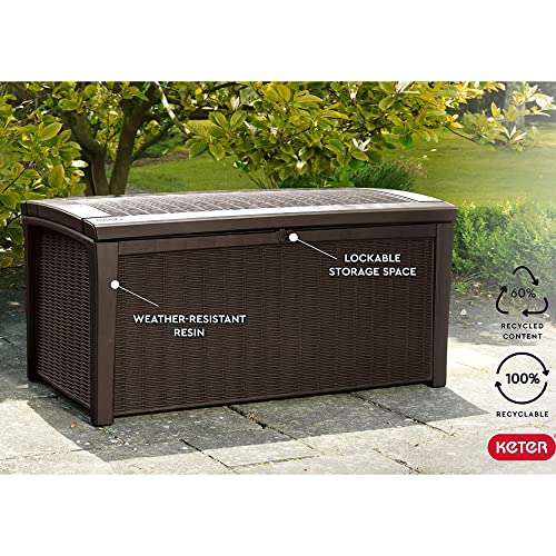 Keter Borneo 110 Gallon All Weather Weatherproof Rattan Wicker Resin Outdoor Backyard Patio Porch Deck Organization Storage Box Bench, Brown (2 Pack)