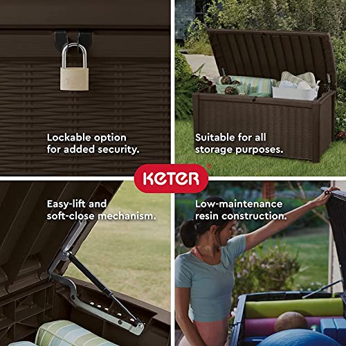 Keter Borneo 110 Gallon All Weather Weatherproof Rattan Wicker Resin Outdoor Backyard Patio Porch Deck Organization Storage Box Bench, Brown (2 Pack)