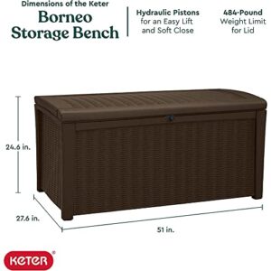 Keter Borneo 110 Gallon All Weather Weatherproof Rattan Wicker Resin Outdoor Backyard Patio Porch Deck Organization Storage Box Bench, Brown (2 Pack)