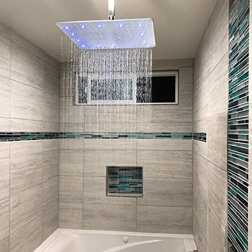 Suguword 16 Inch LED Square Rain Shower Head High Pressure Stainless Steel Bath Shower, Ultra Thin Rainfall Shower head with Silicone Nozzle and Powerful Spray Performance…