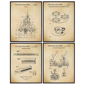 rides patent art prints - vintage wall art poster set - chic rustic home decor for boys, girls, teens, kids room - gift for mickey fans, 8x10 photos unframed