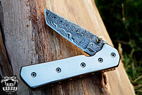 BLACK MAMBA KNIVES Damascus Pocket Knife with Clip, Folding Knife, Damascus Steel Folding Pocket Knife Folding Hunting Knife