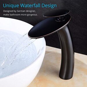 Wovier Oil Rubbed Bronze Waterfall Bathroom Faucet,Single Handle Single Hole Brass Lavatory Vanity Vessel Faucet,Slanted Body Basin Mixer Tap Tall Body with Supply Hose,Black