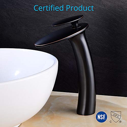 Wovier Oil Rubbed Bronze Waterfall Bathroom Faucet,Single Handle Single Hole Brass Lavatory Vanity Vessel Faucet,Slanted Body Basin Mixer Tap Tall Body with Supply Hose,Black