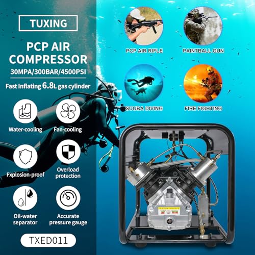 TUXING 4500Psi Pcp Compressor,Double Cylinder Scuba Air Compressor,Manually Stop Version,High Pressure Air Pump for Air Rifle Gun 6.8L Scuba Tank,Paintball Gun 30Mpa 110V(TXED011)