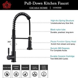 GICASA Kitchen Faucet, Oil Rubbed Bronze Faucet, Industrial Farmhouse Spring Kitchen Faucet Pull Down Kitchen Sink Faucet with Pull Out Sprayer