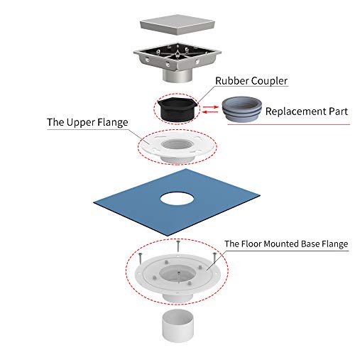 USHOWER 4 Inch Square Shower Floor Drain with Reversible 2-in-1 Tile Insert Cover,4" Brushed Nickel Tiled Insert Drain Grate 304 Stainless Steel, Includes Flange Base & Hair Strainer