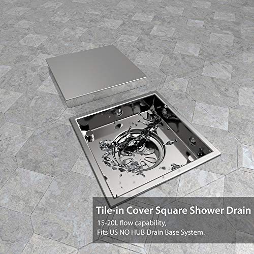 USHOWER 4 Inch Square Shower Floor Drain with Reversible 2-in-1 Tile Insert Cover,4" Brushed Nickel Tiled Insert Drain Grate 304 Stainless Steel, Includes Flange Base & Hair Strainer