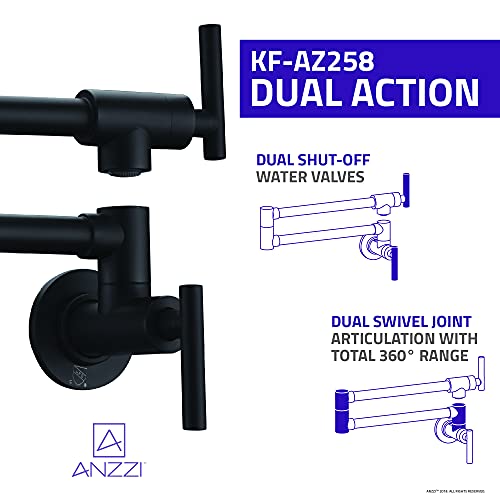 Braccia Series 24" Wall Mounted Pot Filler in Matte Black | 24” Reach Spout Solid Brass Two Handle Dual Shut-Off Valve Double Joint Swing Arm Wall Mount Kitchen Folding Faucet | KF-AZ258BKM