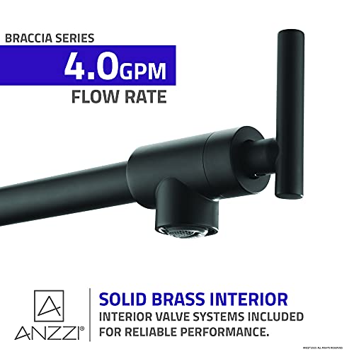 Braccia Series 24" Wall Mounted Pot Filler in Matte Black | 24” Reach Spout Solid Brass Two Handle Dual Shut-Off Valve Double Joint Swing Arm Wall Mount Kitchen Folding Faucet | KF-AZ258BKM