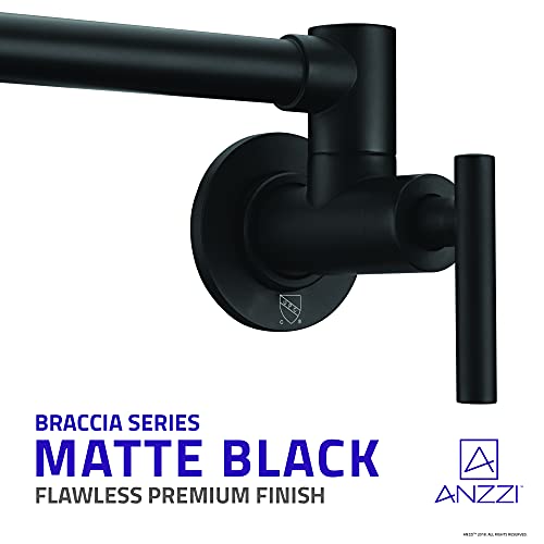 Braccia Series 24" Wall Mounted Pot Filler in Matte Black | 24” Reach Spout Solid Brass Two Handle Dual Shut-Off Valve Double Joint Swing Arm Wall Mount Kitchen Folding Faucet | KF-AZ258BKM