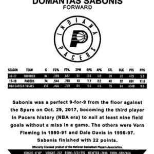 2018-19 NBA Hoops Basketball #212 Domantas Sabonis Indiana Pacers Official Trading Card made by Panini