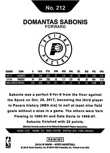 2018-19 NBA Hoops Basketball #212 Domantas Sabonis Indiana Pacers Official Trading Card made by Panini