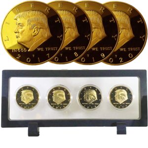 donald trump 1st term 4 year coin set, collector’s edition, gold plated replica coins 2017, 18, 19, 20, rectangle display case, cert. of auth. (1st term rect. blk.)