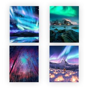 northern lights sky show set with aurora borealis(4)- scenic wall art decor, inspiring wall art print for nature lover, elegant gift for home decor, living space decor, bedroom decor. unframed-8x10"