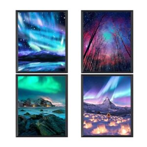 Northern Lights Sky Show Set with Aurora Borealis(4)- Scenic Wall Art Decor, Inspiring Wall Art Print For Nature Lover, Elegant Gift For Home Decor, Living Space Decor, Bedroom Decor. Unframed-8x10"